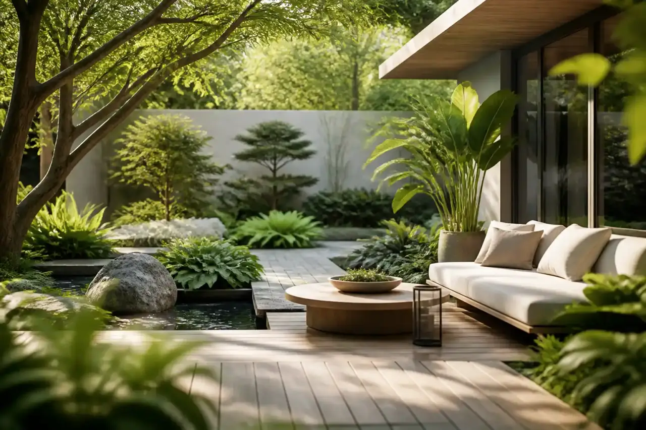 Jardin paysager haut de gamme à l'heure dorée, avec allée en pierre naturelle, végétation luxuriante et lumière subtile