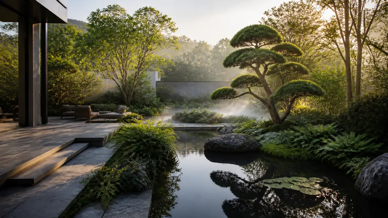 Jardin biophilique élégant baigné d'une lumière dorée