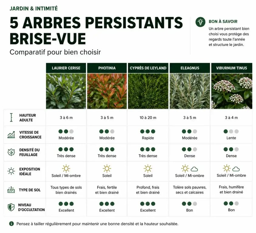 Comparatif visuel des essences pour arbre persistant brise vue avec hauteur, croissance et occultation