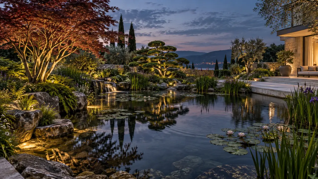 Bassin paysager élégant intégré dans un jardin contemporain et végétalisé