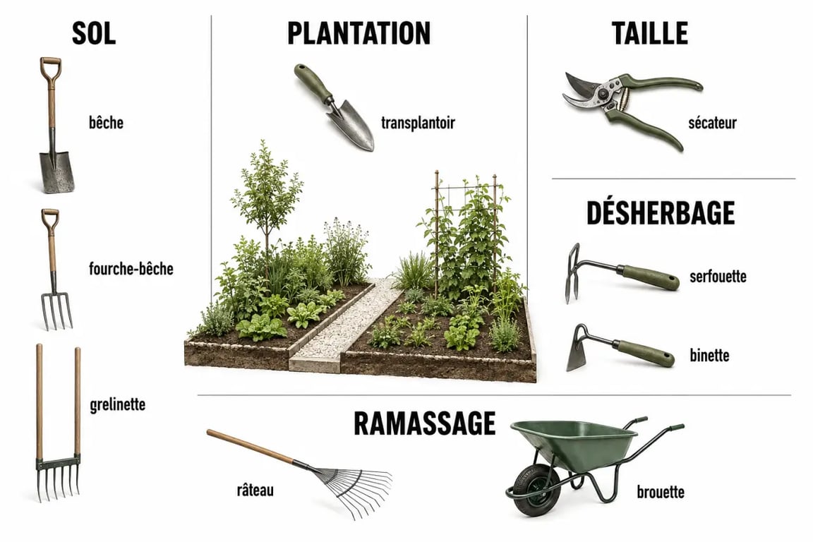 Outillage du jardin regroupé par usage dans un jardin domestique