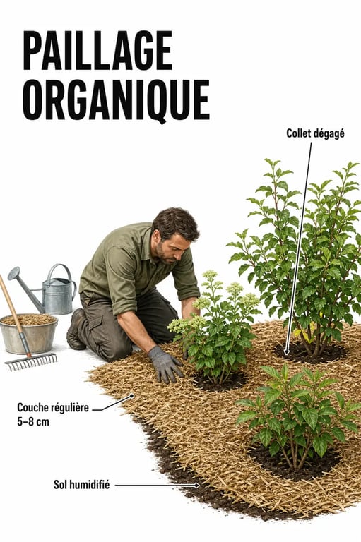 Jardinage paillage : pose correcte du paillis au pied des plantes avec collet dégagé