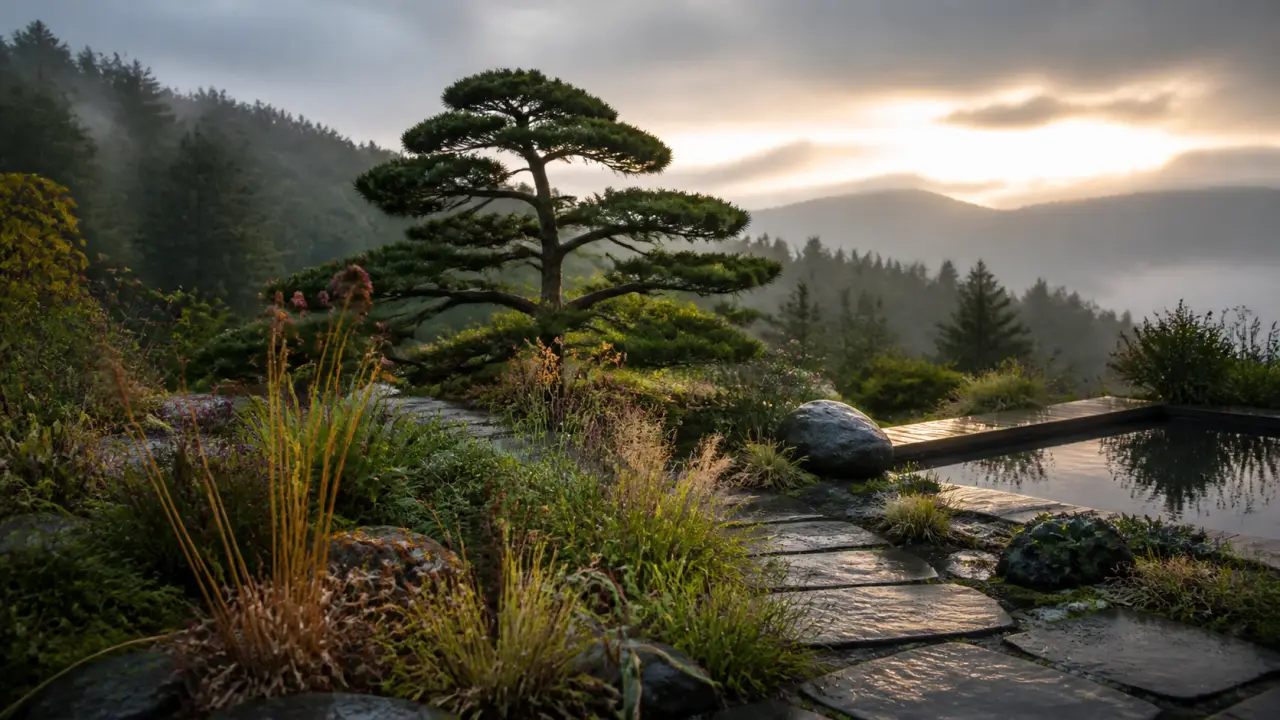 Jardin paysager raffiné avec massifs élégants et lumière dorée
