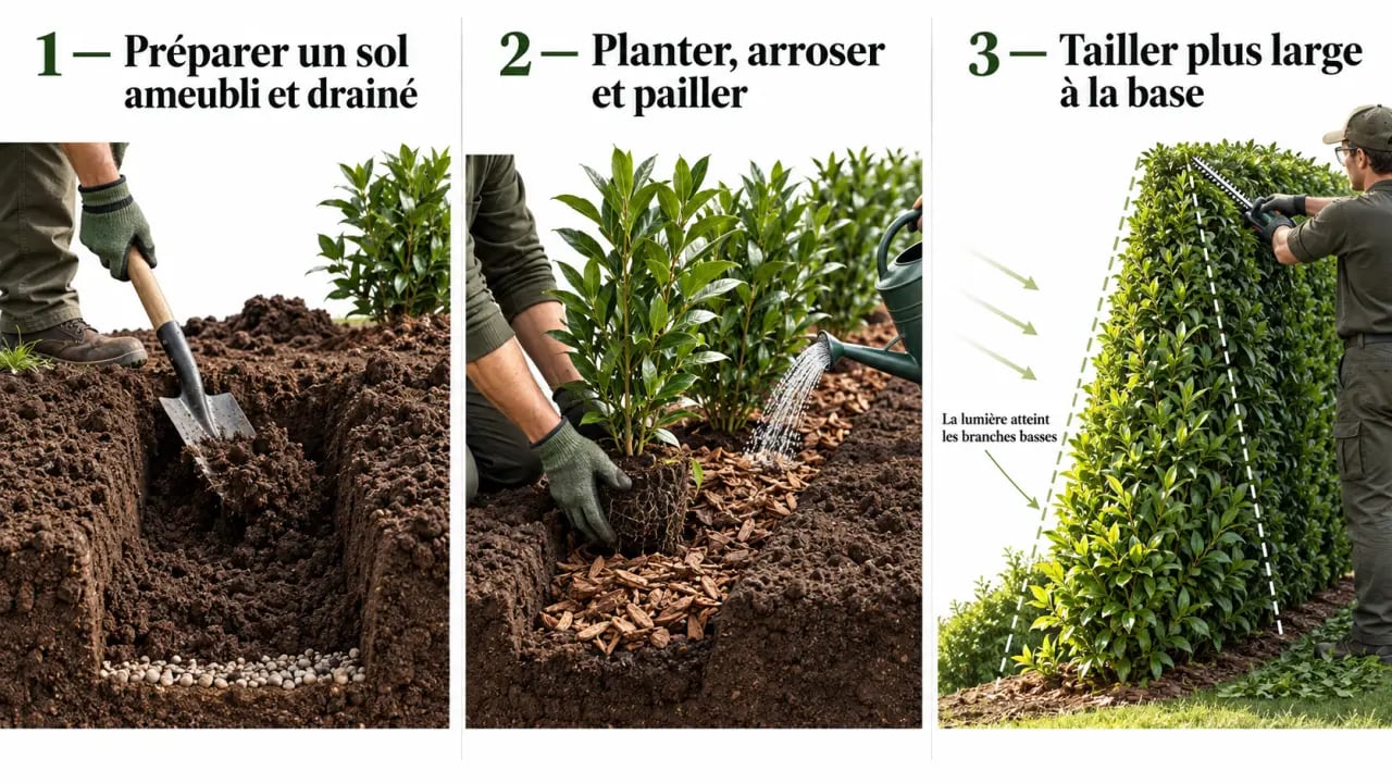 Plantation et taille d'une haie de lauriers pour obtenir une haie dense