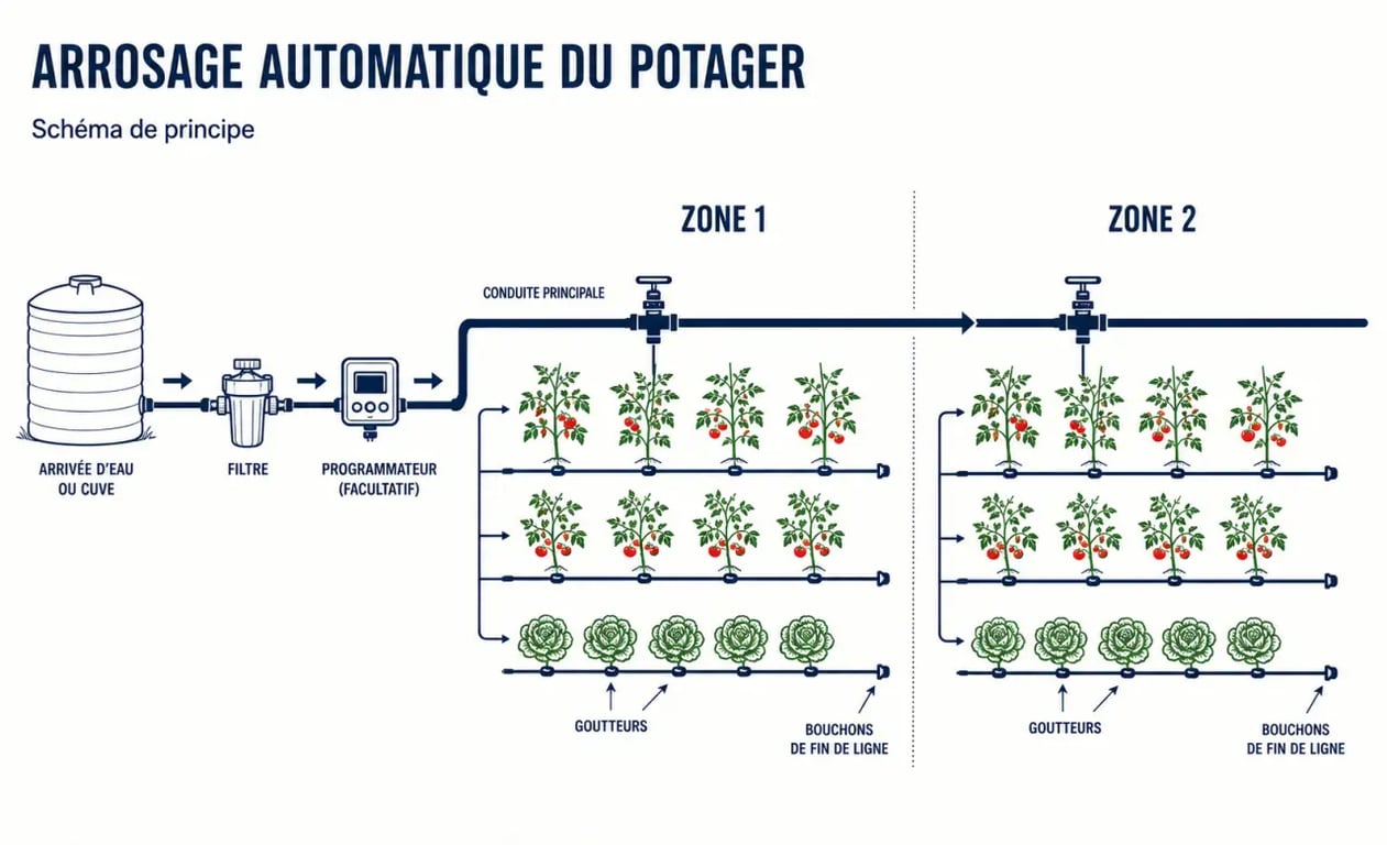 Schéma d’installation d’un arrosage automatique pour potager avec filtre, tuyaux et goutteurs