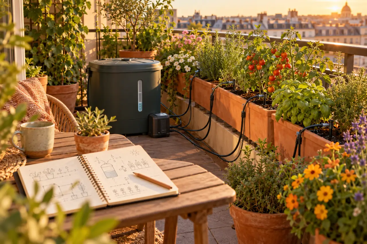 Arrosage automatique balcon : choisir sans robinet et calculer sa réserve pour les vacances