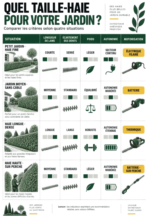 Infographie pour choisir le meilleur taille haie selon le type de haie et le jardin