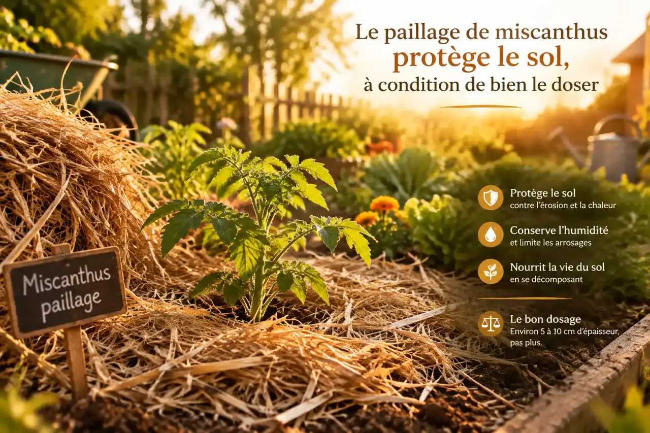 Le paillage de miscanthus protège le sol, à condition de bien le doser