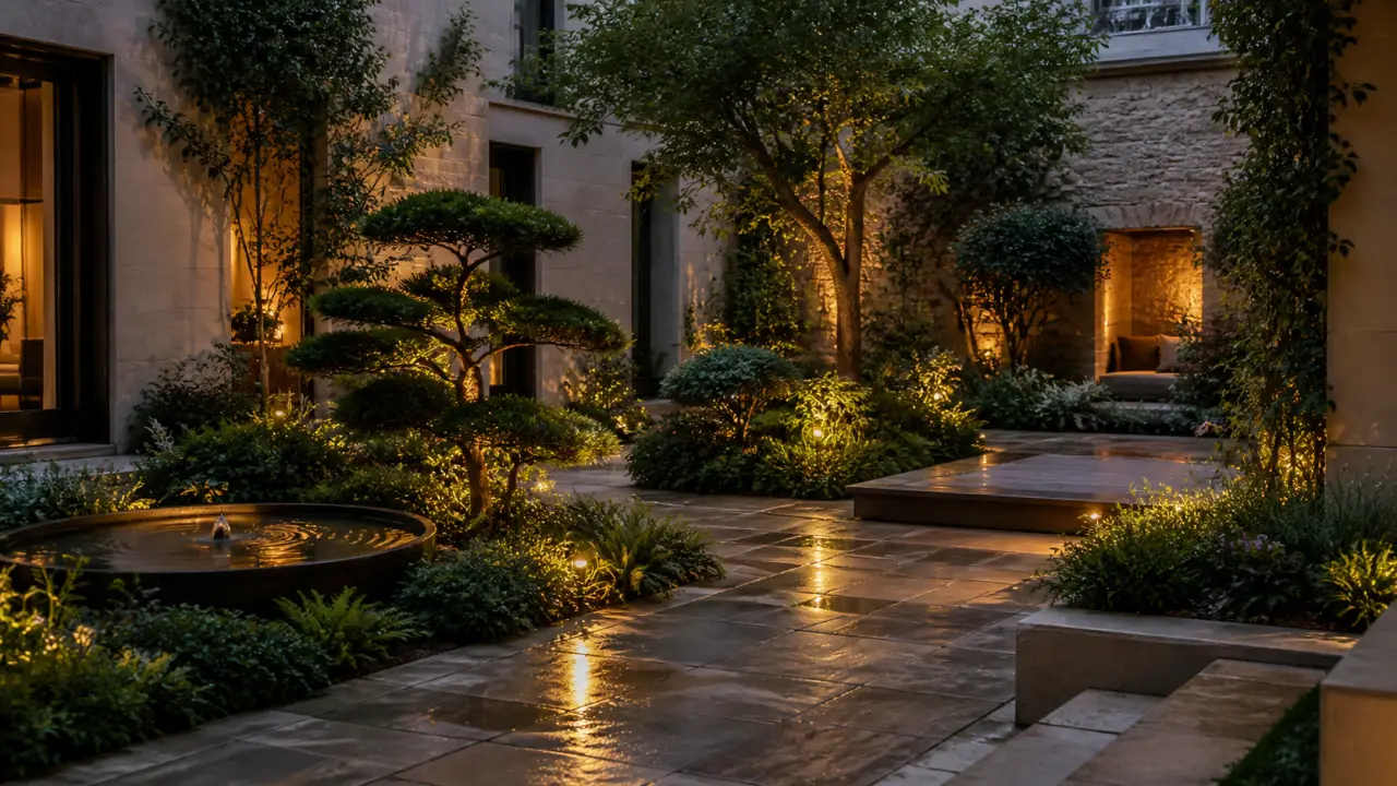 Cour paysagée transformée en jardin d’élégance à l’heure dorée