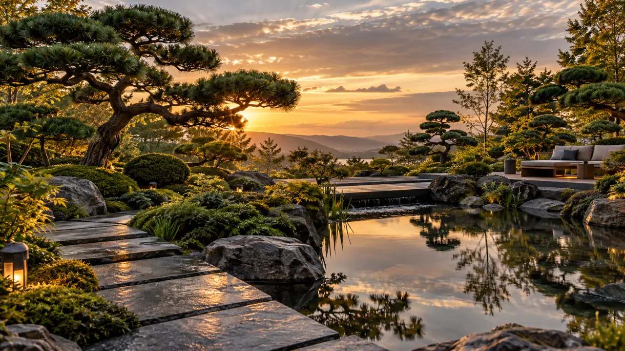 Jardin haut de gamme composé d'arbres taillés en Niwaki, d'une terrasse et d'un bassin