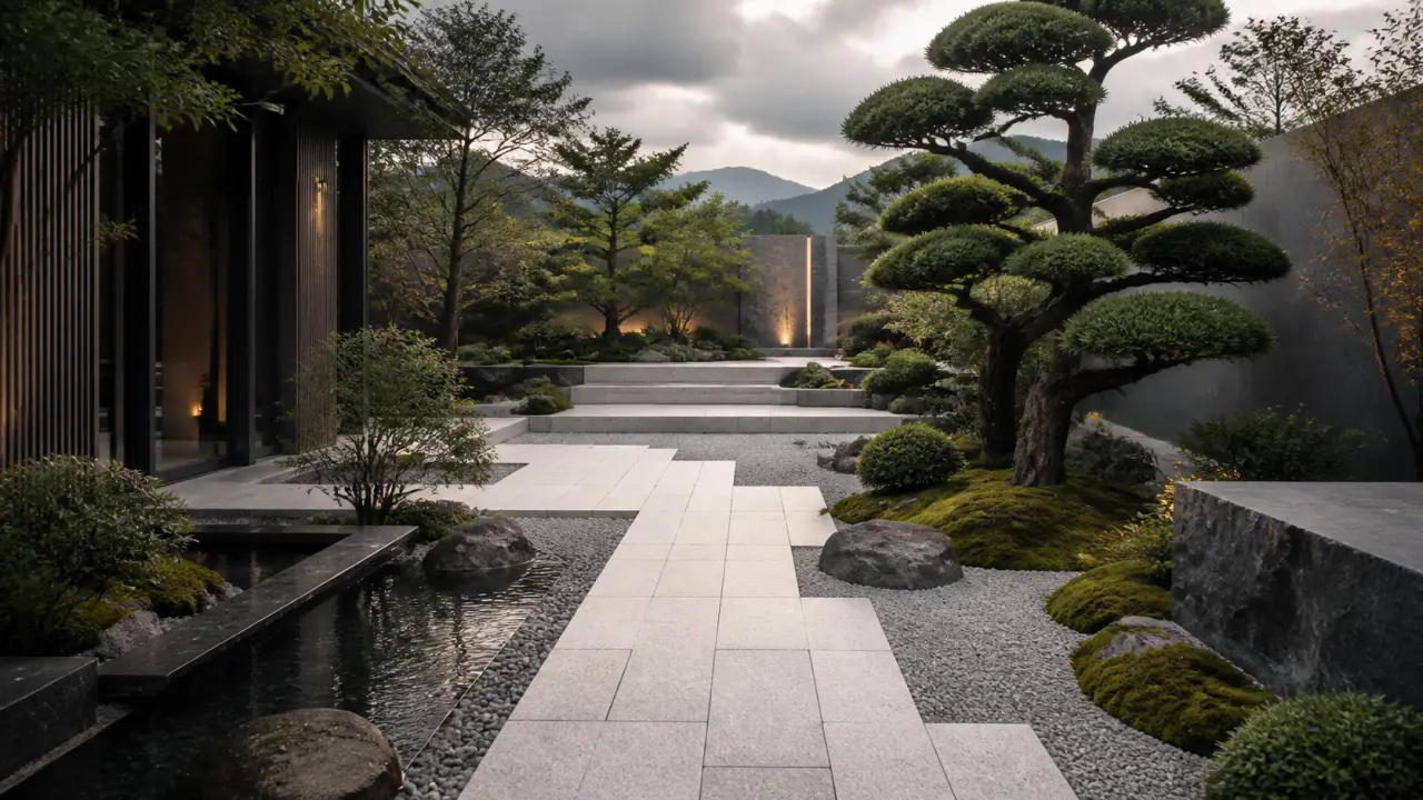 Patio paysager luxueux avec Niwaki, pierre naturelle et lumière dorée