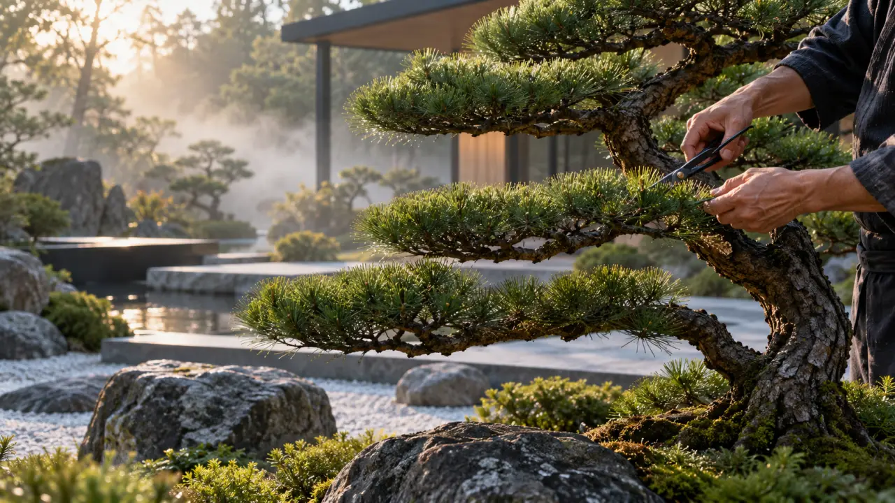 Pin formé selon les principes de la taille japonaise Niwaki dans un jardin élégant