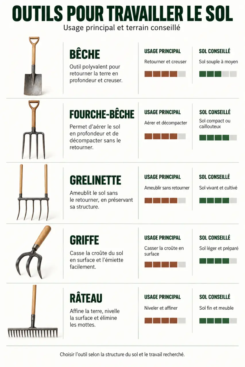 Infographie sur le matériel pour le jardinage et les outils de travail du sol