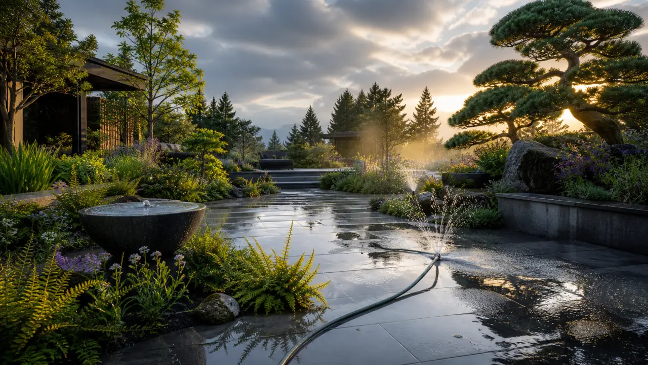 Jardin paysager luxueux à l'heure dorée avec feuillages dorés et allée en pierre naturelle