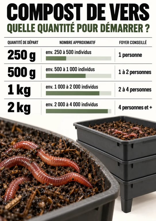 Infographie sur les quantités de vers pour un compost de vers selon le foyer