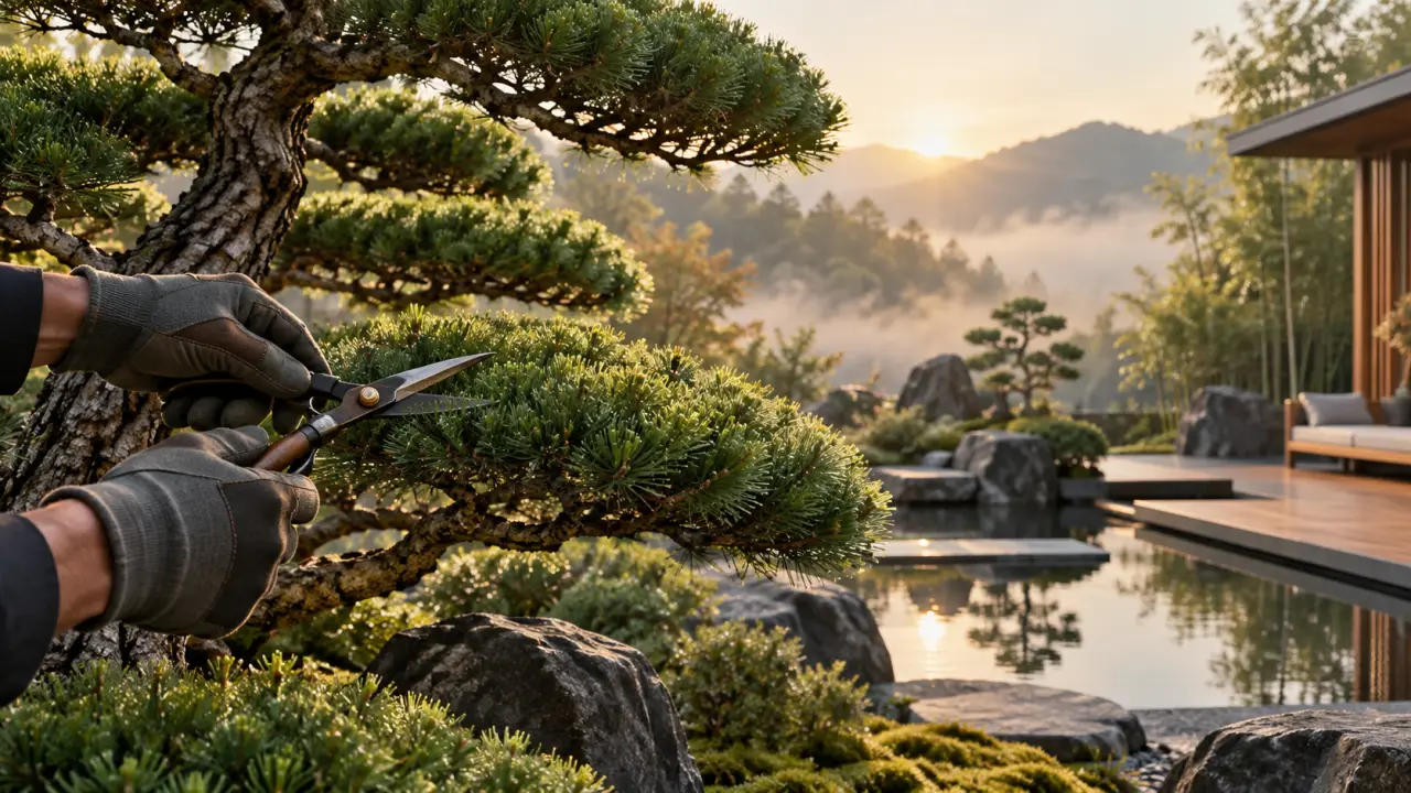 Arbre taillé en Niwaki dans un jardin paysager élégant