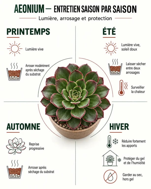 Infographie sur l’entretien de l’Aeonium selon les saisons
