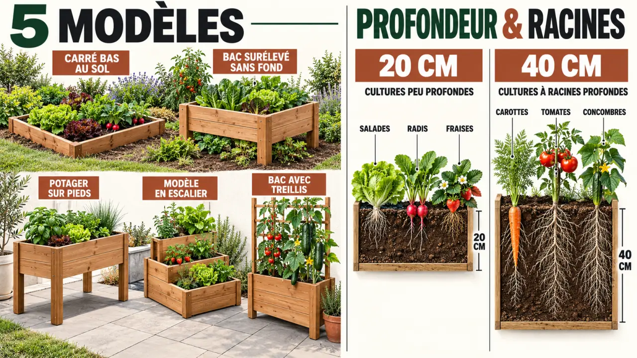 Infographie des modèles de potager en hauteur et des profondeurs adaptées aux cultures