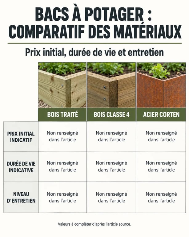 Infographie comparative des matériaux pour choisir des bacs à potager