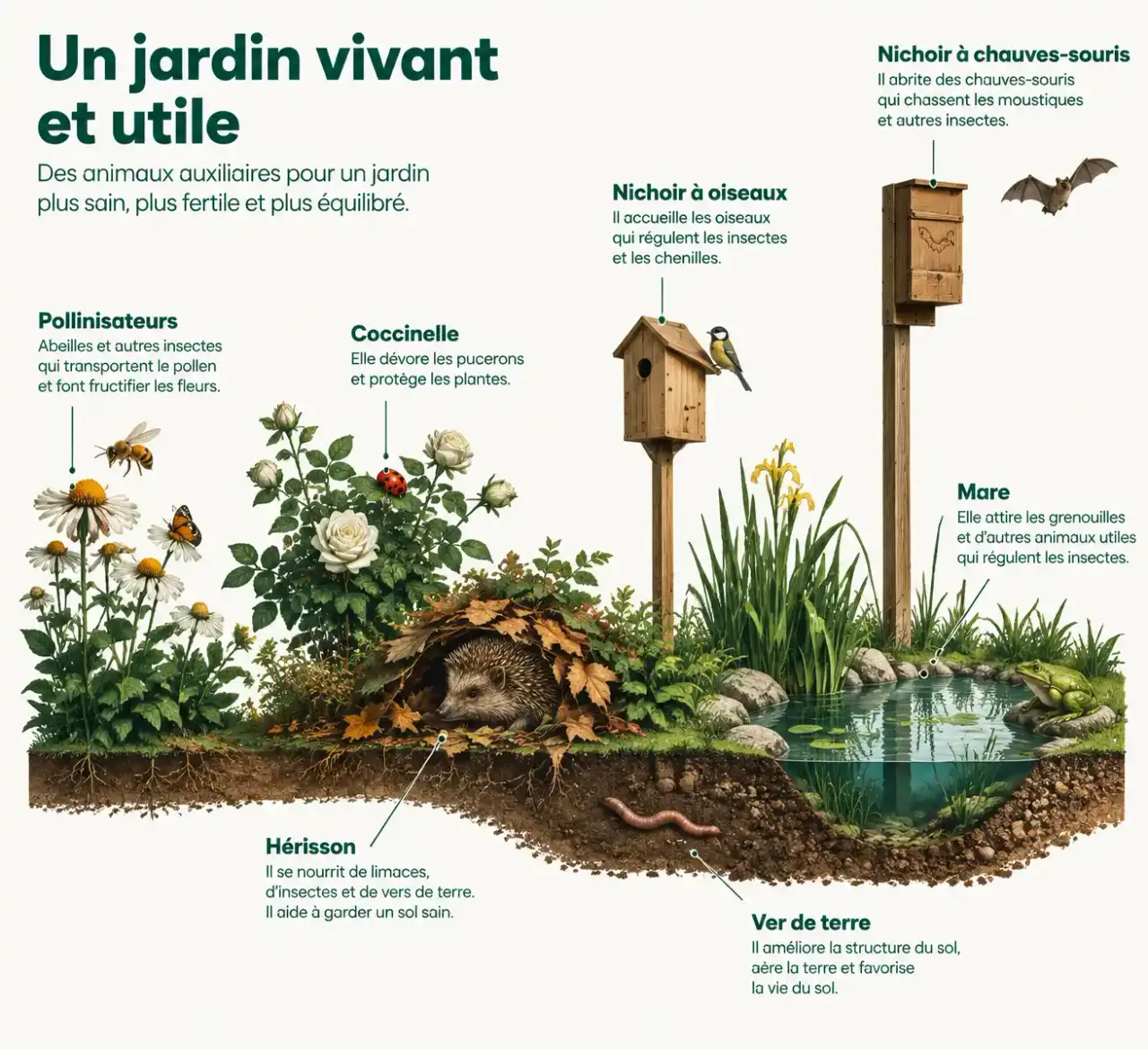 Schéma des animaux du jardin et de leurs refuges : pollinisateurs, coccinelles, hérisson, oiseaux, chauves-souris et vers de terre