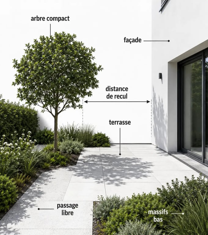 Arbres petits jardins : implantation d’un arbre compact près d’une terrasse dans un petit jardin