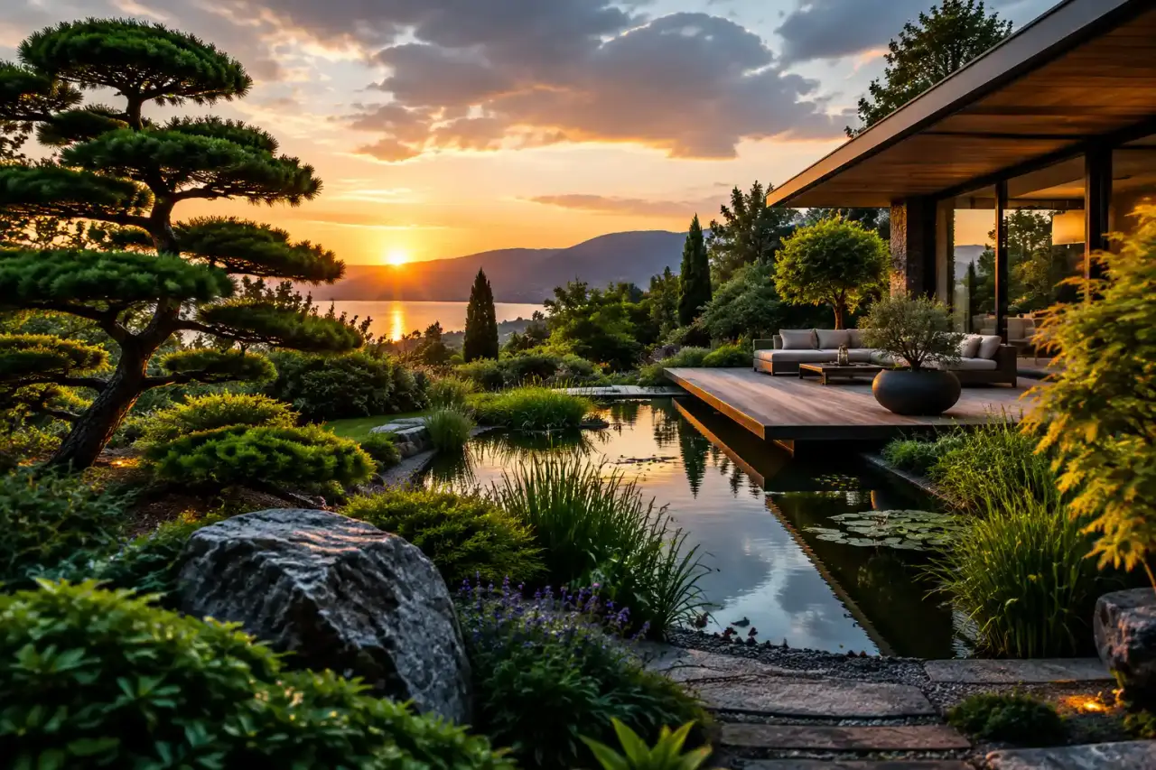 Jardin paysager haut de gamme au crépuscule avec un design biophilique raffiné