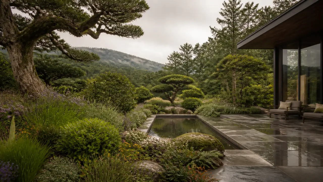 Jardin paysager luxueux baigné par la lumière dorée, allée en pierre naturelle et feuillages élégants