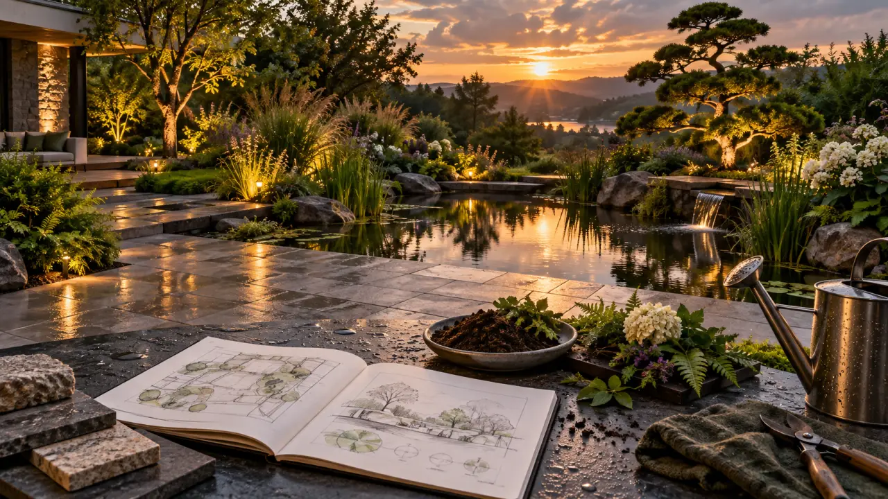 Jardin paysager élégant avec plantations, chemin minéral et lumière douce