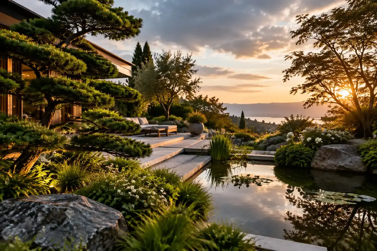 Jardin paysager haut de gamme structuré par une terrasse en pierre, des arbres et des plantations élégantes