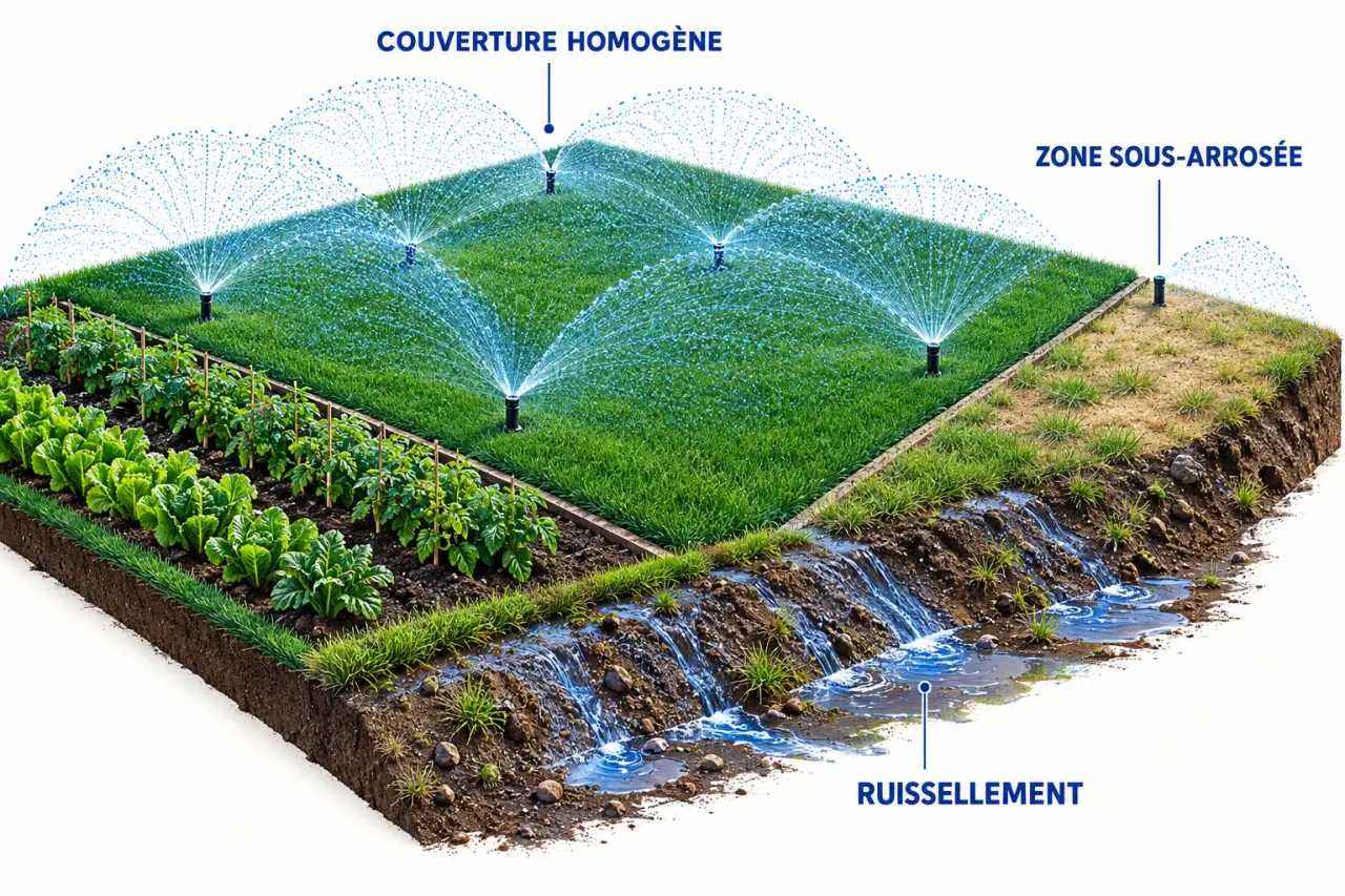 Arrosage par aspersion avec recouvrement des jets et contrôle de la couverture du sol
