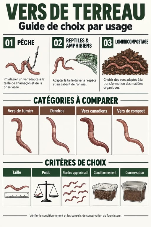 Infographie comparative des vers de terreau selon l’usage, la taille et le conditionnement