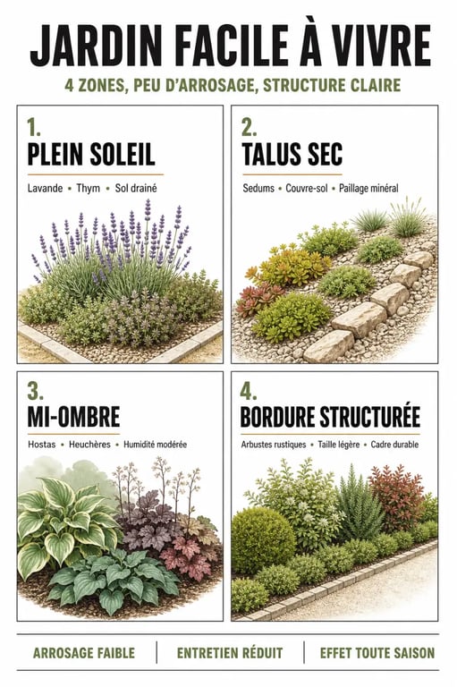 Plante sans entretien extérieur : jardin comparatif par exposition avec lavande, sedum, hosta et couvre-sol