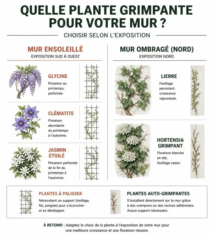 Infographie plante pour cacher un mur selon exposition ensoleillée ou ombragée