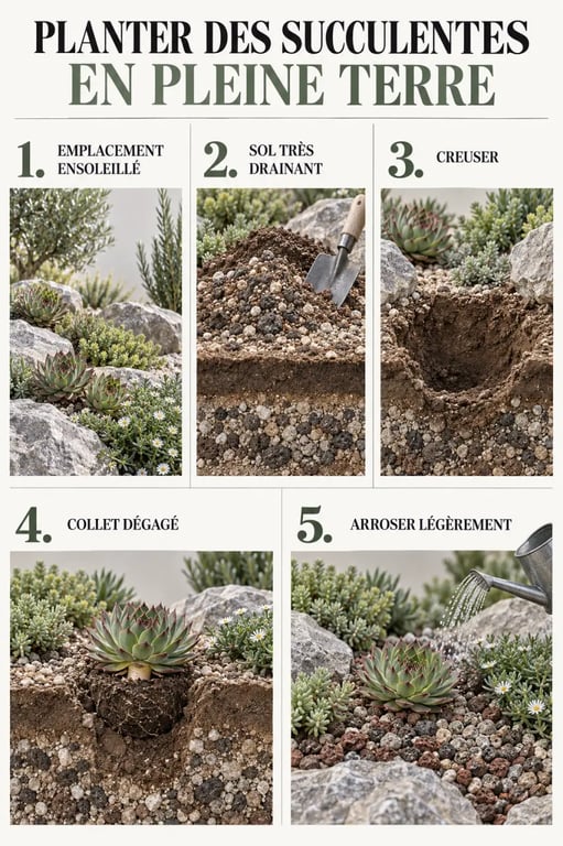 Illustration des étapes pour planter des succulentes en pleine terre avec drainage et collet dégagé
