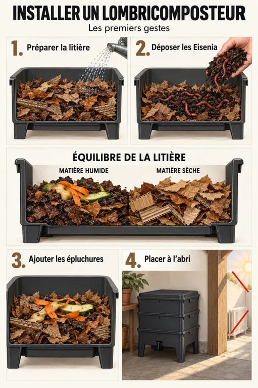 Étapes illustrées pour installer un compost de vers avec des Eisenia