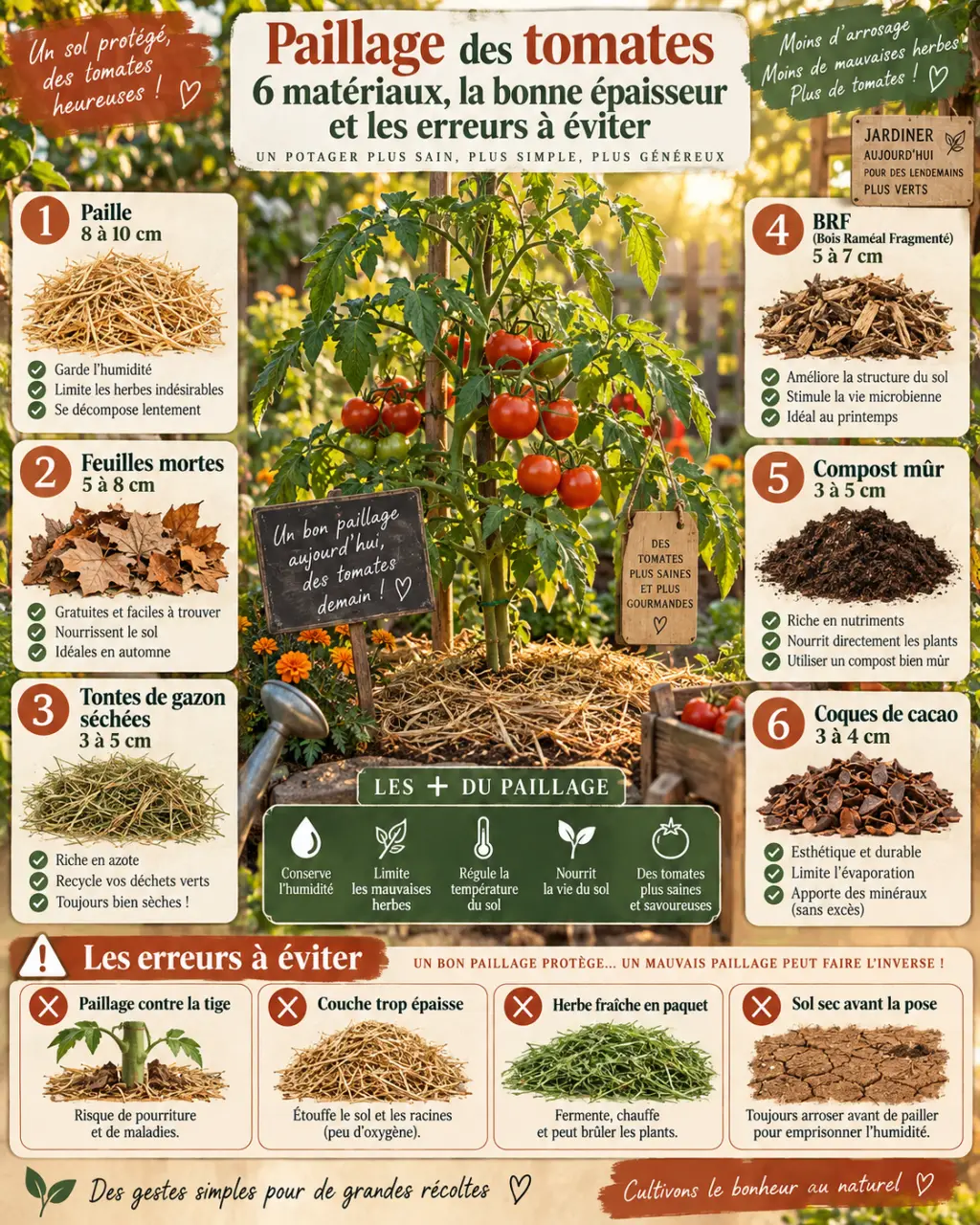 Paillage des tomates : 6 matériaux, la bonne épaisseur et les erreurs à éviter