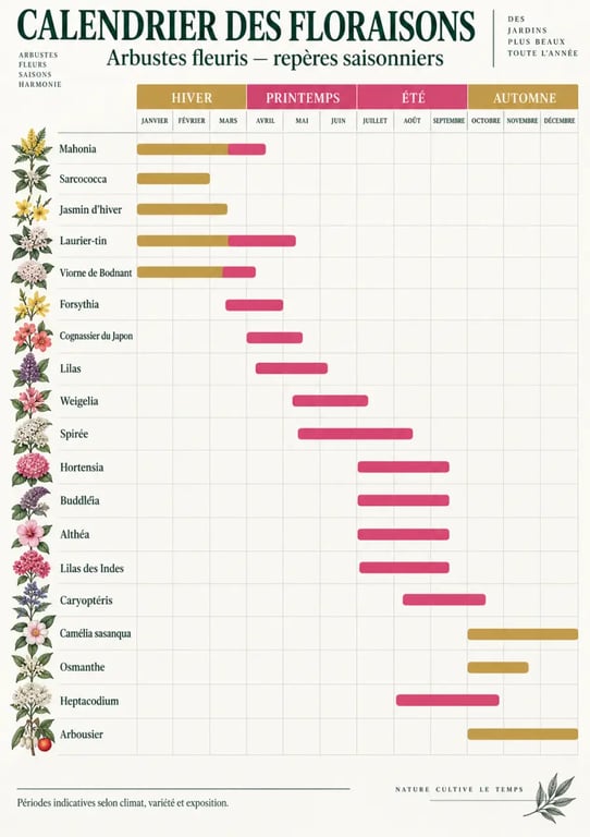 Calendrier des arbustes fleuris par saison de floraison