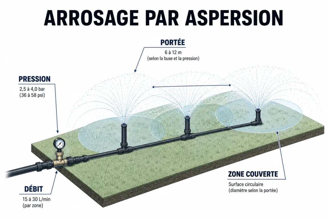Arrosage par aspersion : schéma éditorial du principe, des asperseurs et de la zone couverte