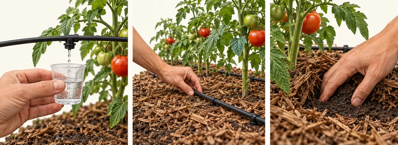 Installation et contrôle d’un goutte-à-goutte pour tomates avec mesure du débit et vérification de l’humidité du sol