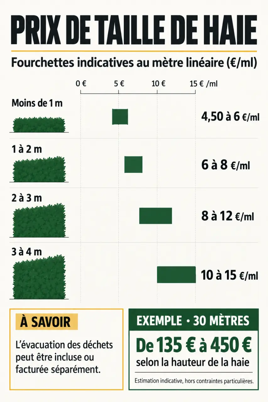 Infographie du prix pour taille de haie selon la hauteur et l’évacuation des déchets