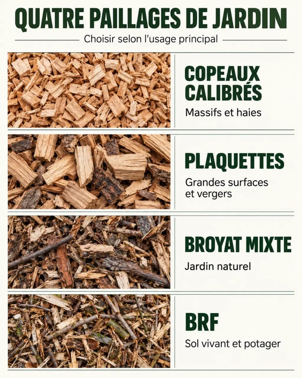 Jardin copeaux de bois : comparaison visuelle entre copeaux, plaquettes, broyat mixte et BRF
