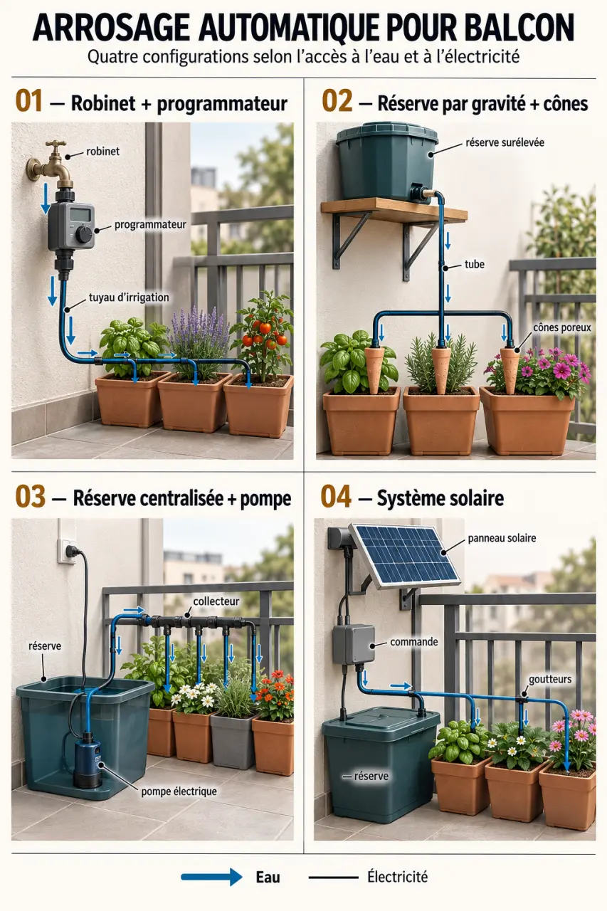 Infographie des solutions d'arrosage automatique balcon avec robinet, réserve gravitaire, pompe et système solaire