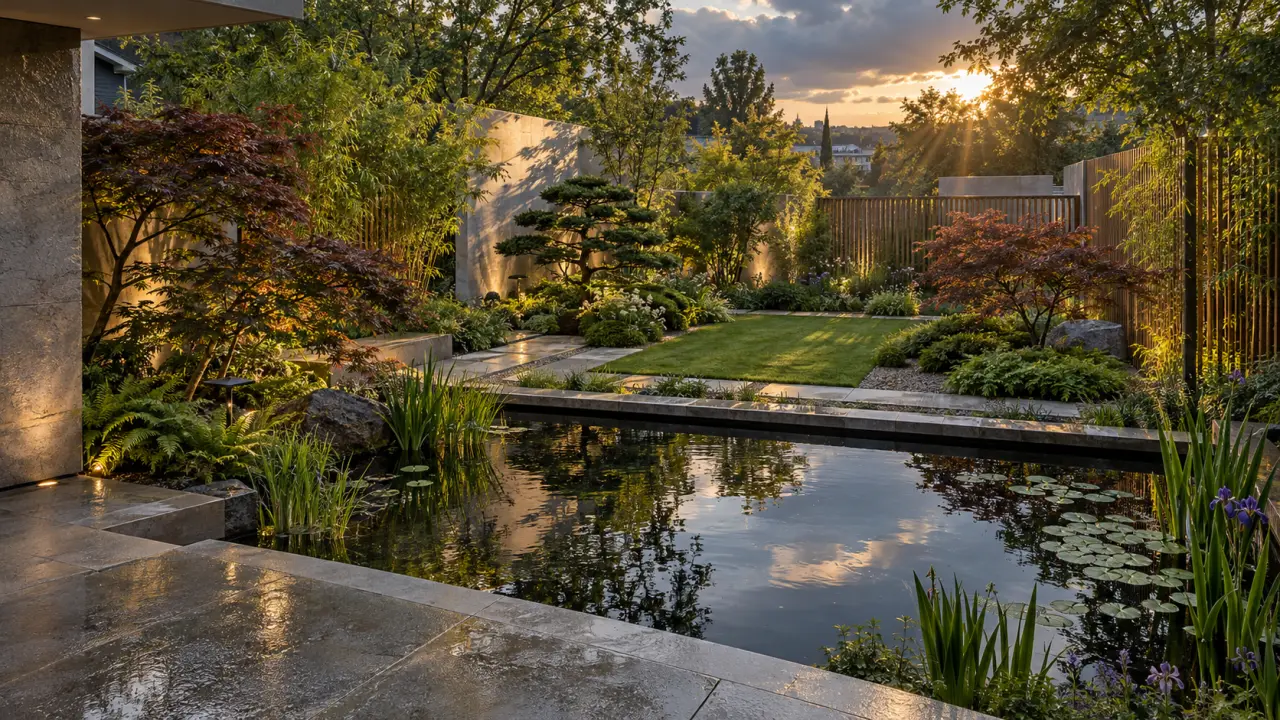 Jardin biophilique de 180 m² avec bassin d'ornement et terrasse élégante