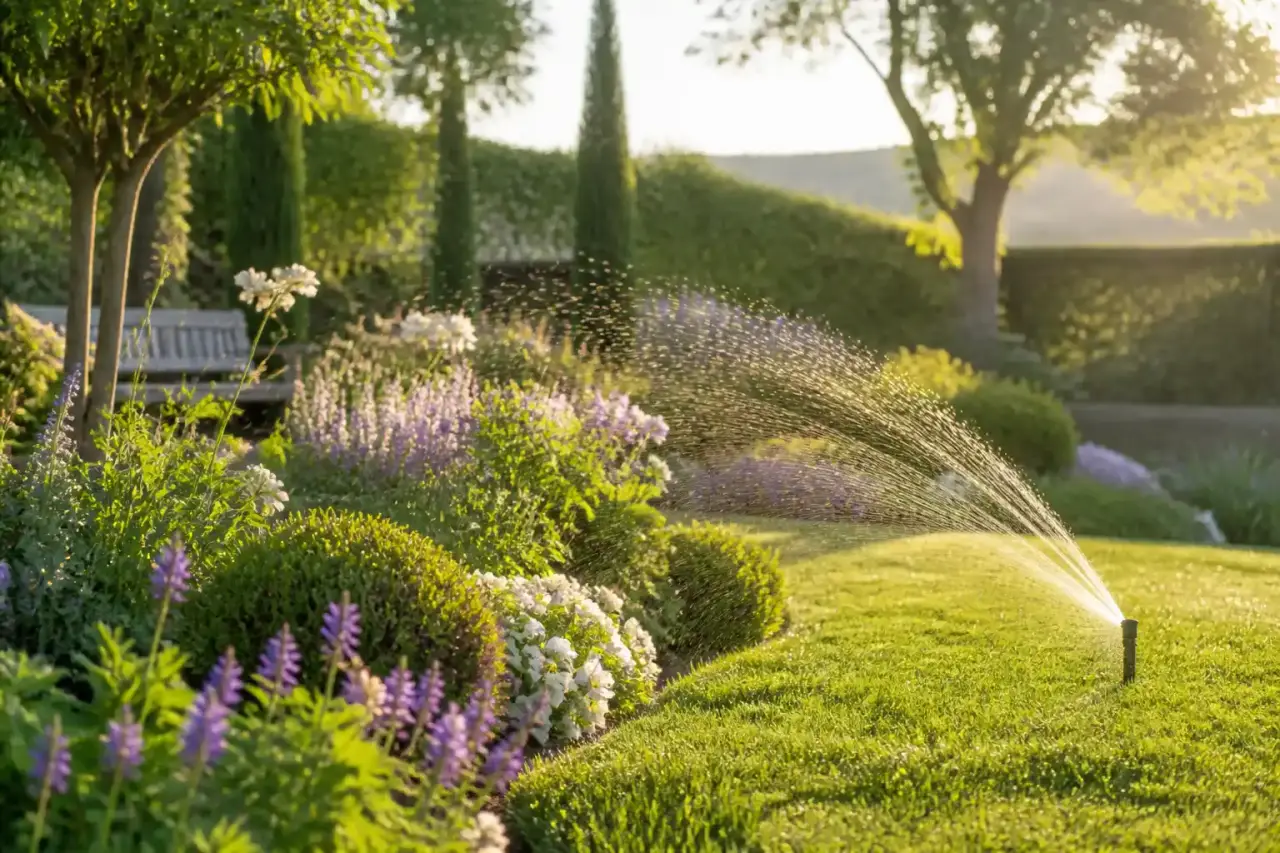 Jardin paysager luxueux baigné par la lumière dorée, avec allée en pierre naturelle et végétation ornementale