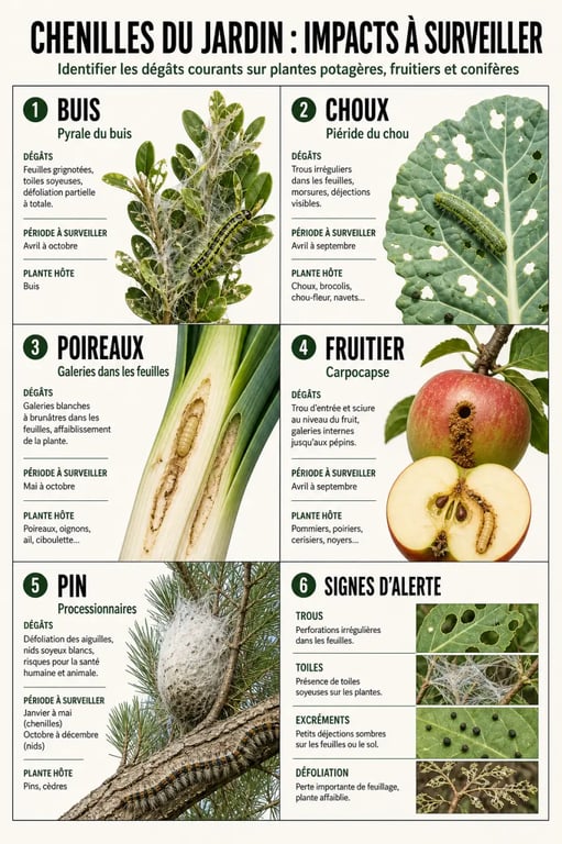 Chenilles jardin : planche comparative des espèces communes, plantes hôtes et dégâts