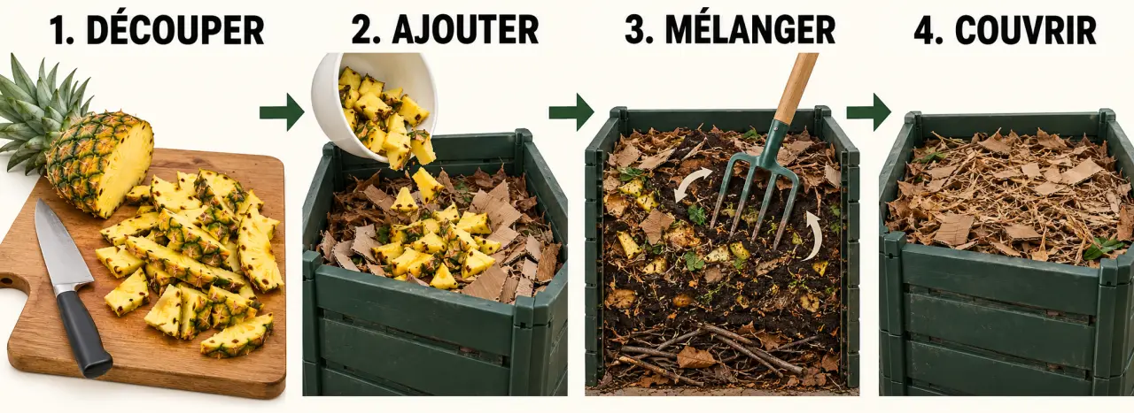 Peau d’ananas au compost : découpe, mélange avec des matières brunes et incorporation dans le composteur
