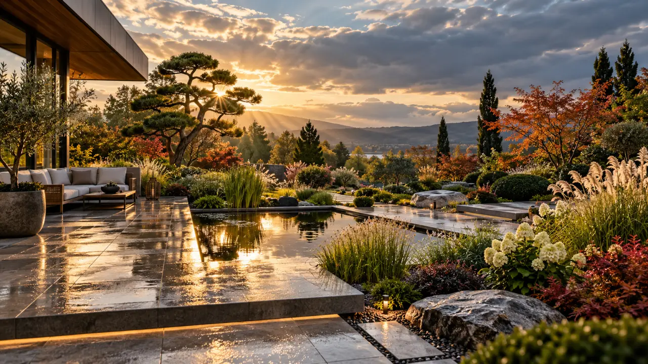 Jardin paysager élégant illuminé par la lumière dorée à travers les feuillages