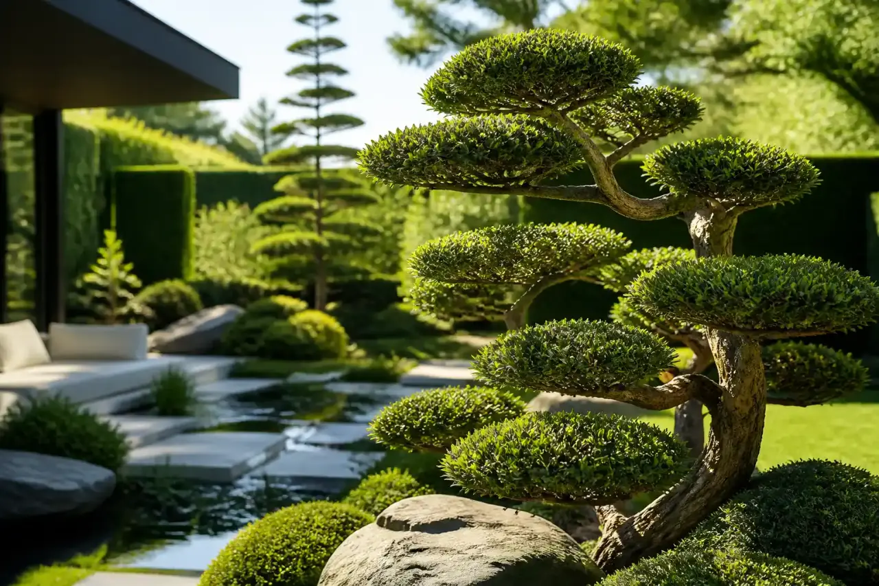 Jardin luxueux structuré par des tailles Niwaki, lumière dorée et atmosphère élégante