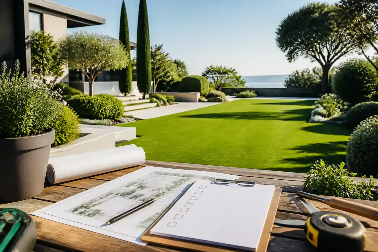 Jardin de prestige baigné par la lumière dorée, allée en pierre naturelle et végétaux d’ornement