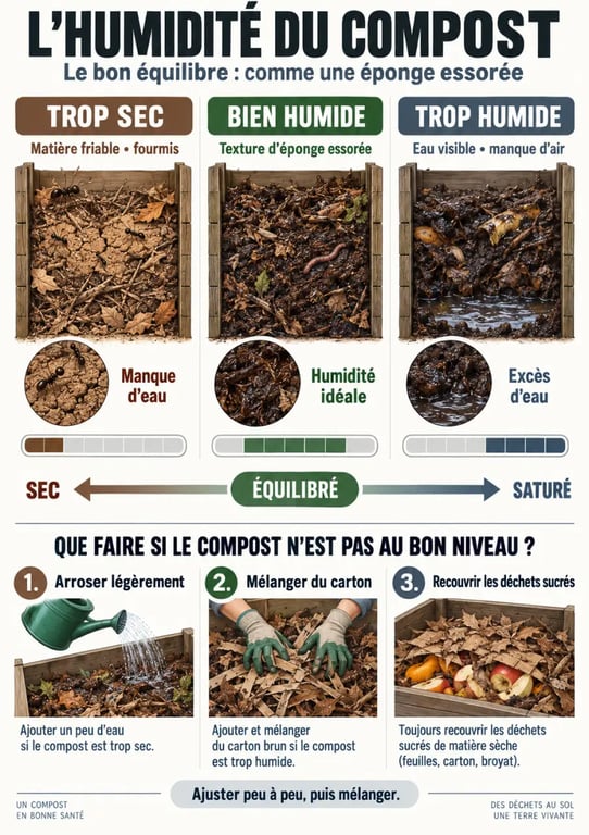 Infographie sur les fourmis et compost selon le niveau d’humidité